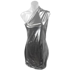 NEW Lu Feng Gray Metallic One Shoulder Sleeveless Mini Bodycon Tank Dress Size L